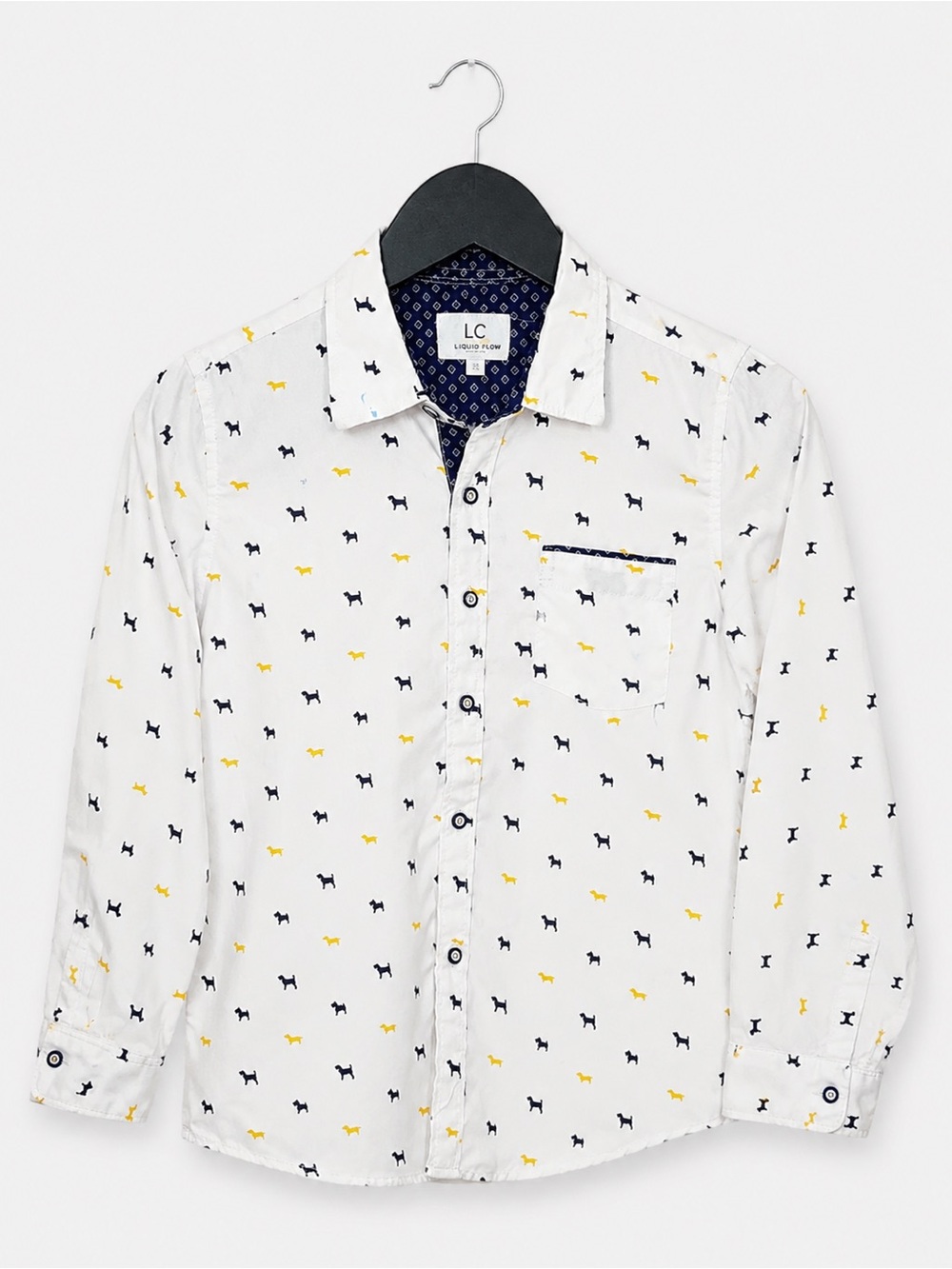 Craft + Flow Little Boy Dog Print Button-Up Shirt Size 6 Large White Navy Yellow